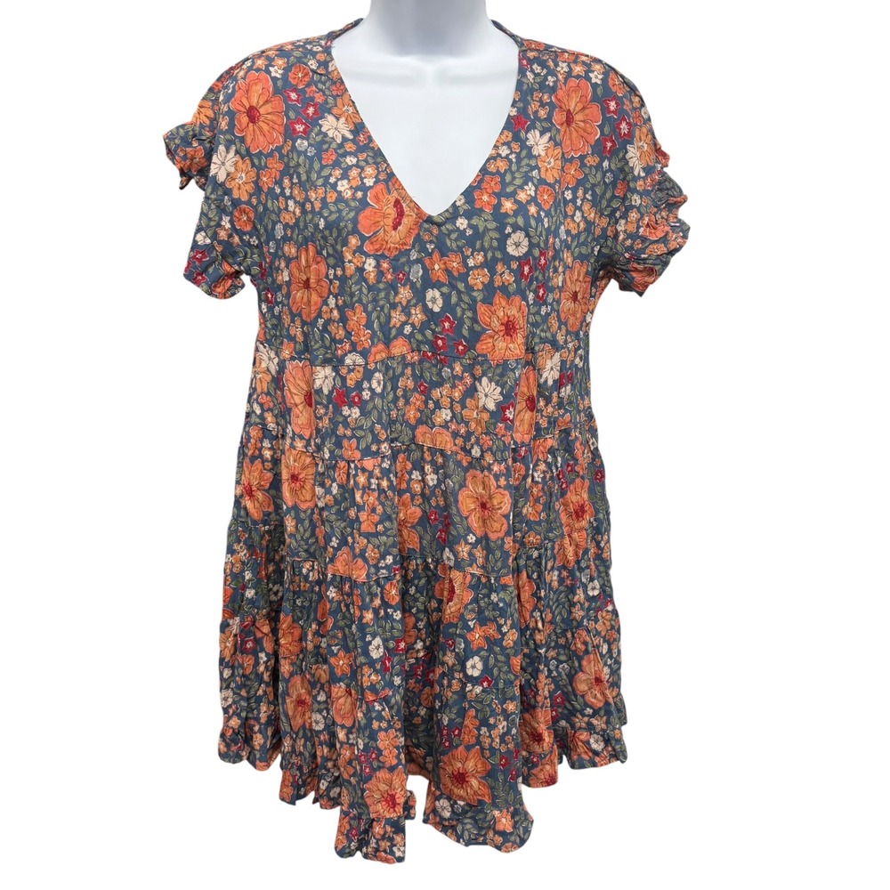 Angie Women Blue Floral Tiered Babydoll Mini Dress V-Neck Ruffle Sleeve Large